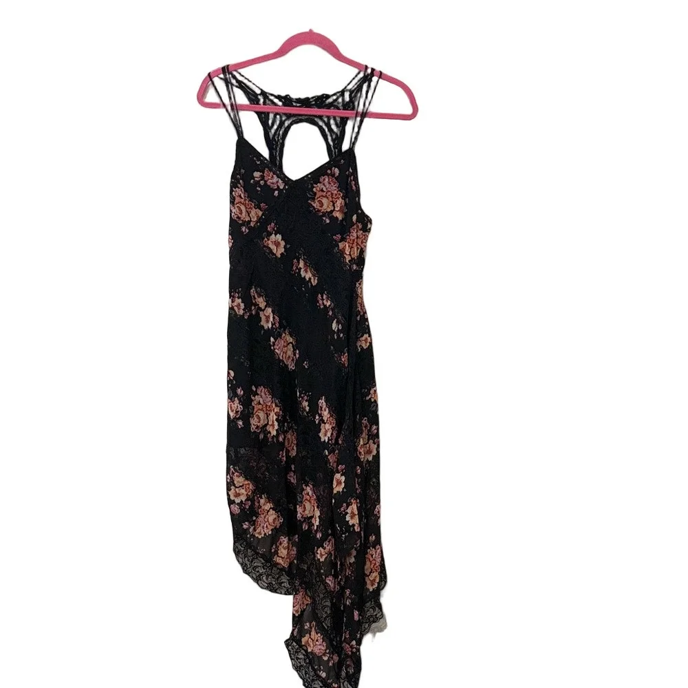Free People black floral asymmetrical midi dress, size 2